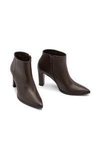Brown leather ankle boots with a pointed toe, featuring a side zipper and a moderate block heel. Smooth texture with a sleek finish.