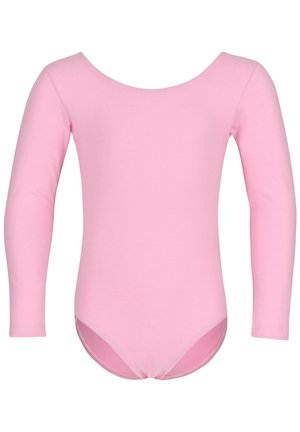 Long-sleeve unitard in light pink, made of stretchy fabric. Features a rounded neckline and a snug fit, with seamless edges at the bottom.