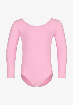 Langärmliger Overall in Hellrosa, aus dehnbarem Stoff. Besitzt einen runden Halsausschnitt und eine enganliegende Passform, mit nahtlosen Abschlüssen am Boden.