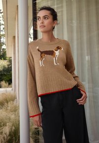 Beżowy sweter z dzianiny z brązowym i białym wzorem psa, z prążkowanym dołem i mankietami oraz czerwonymi akcentami. Połączony z czarnymi spodniami.