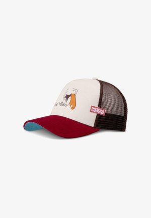 Beige and brown mesh trucker cap with maroon bill, featuring a surfing illustration and "coastal" logo patch on side.