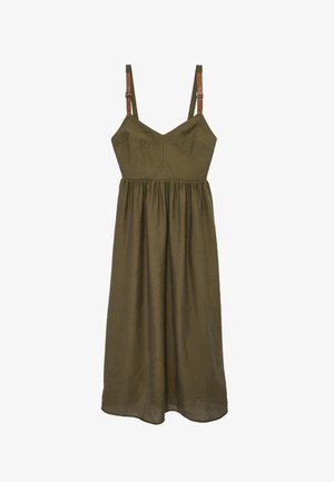 Robe midi vert olive avec taille froncée, encolure en V et bretelles ajustables en cuir marron.