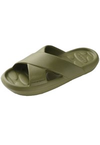 Green rubber slide sandal with crisscross straps and a textured footbed. Features a smooth surface and cutouts for breathability.