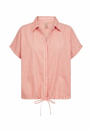 Kurzärmlige Bluse mit vertikalen pink-weißen Streifen, Kragen und vorn gebundenem Saum, verdeckte Knopfleiste.