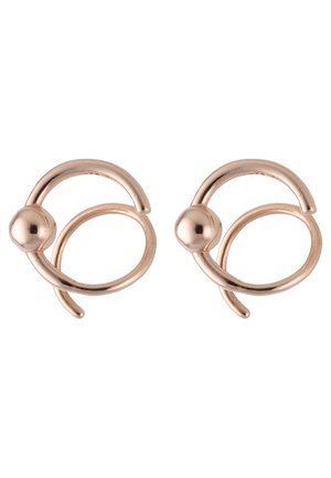 Paar metalen oorbellen in roségoudkleur met een cirkelvormig ontwerp met een kleine bolvormige accent op elke ring.