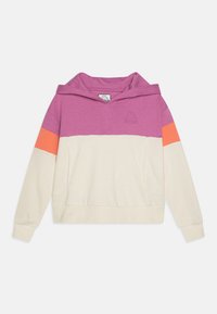 Hettegenser med gradientdesign i lilla, kremfarget beige og oransje. Laget av myk stoff, inkluderer frontlommer og ribbestrikkede mansjetter.