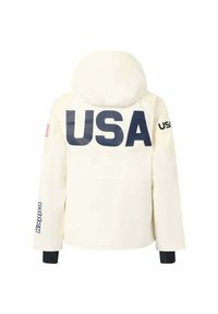 Giacca bianca con cappuccio caratterizzata da grande scritta "USA" in blu sul retro, bandiera americana sulla spalla e logo "Kappa" in blu sulla manica.