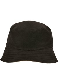 Chapeau seau en polaire noire avec une couronne ronde et un large bord côtelé. Texture douce avec des détails de couture subtils autour de la couronne.
