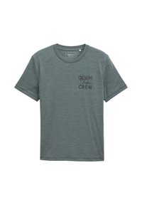 Lühikeste varrukatega hall T-särk ümarast kaelusest, mille vasakul rinnal on trükitud "DENIM Urban CREW", esitatud valgel taustal.