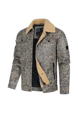 Beige og grå jakke med quiltet indre, faux shearling krave, forlommer og kontrasterende teksturer. Har trykknapper og lynlåse.