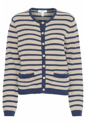 Cardigan rayé avec un motif crème et marine, texture tricotée, col rond et boutons dorés, avec deux poches avant.