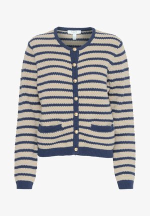Črtast kardigan z kremnim in mornarsko modrim vzorcem, pleteno teksturo, okroglim ovratnikom in gumbom v zlatem odtenku, ter dvema sprednjima žepoma.