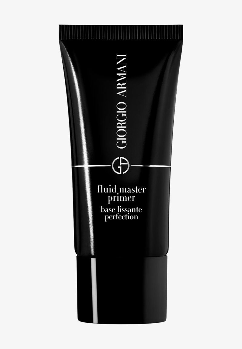 Tube noir à embout souple avec une finition mate. Le texte blanc indique « Giorgio Armani fluid master primer » et « base lissante perfection », avec un logo.