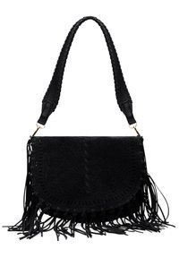 Borsa a tracolla in suede nero con dettagli frangiati, caratterizzata da un cappuccio curvo, un design perforato intricato e una tracolla intrecciata.