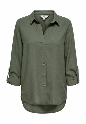 Chemise à manches longues vert olive avec poignets retroussés, ourlet incurvé, col et boutons au centre devant.