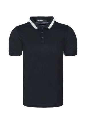 Black short-sleeve polo shirt with a three-button placket and white stripe detail on the collar.