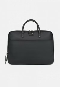 Zwarte laptoptas met een gestructureerde stoffen buitenkant, dubbele handvatten en zilveren hardware accenten. Voorzien van een ritssluiting en een minimalistisch ontwerp.