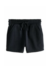 Black cotton blend shorts with an elastic waistband, adjustable drawstring, and two side pockets. Solid color, soft texture, casual design.