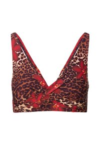 Bralette s leopardím vzorom a červenými kvetinovými akcentmi, s výstrihom do V, širokými ramienkami a krížením v prednej časti. Hladká textúra tkaniny.