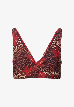 Bralet s uzorkom leoparda i crvenim cvjetnim naglascima, V-izrez, široke naramenice i križna prednja konstrukcija. Glatka tekstura tkanine.