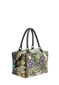 Sac à main en cuir noir et tissu rehaussé. Présente un motif floral en vert, violet et orange. Deux anses et fermeture éclair.