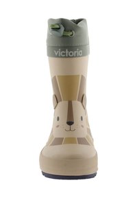 Bottes de pluie en caoutchouc pour enfant de couleur beige avec un design de visage de lion. Comprend un revers vert avec cordon de serrage et une semelle texturée pour une bonne adhérence.