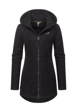 Zwarte zip-up hoodie met een zachte, textuurachtige buitenkant, een warme fleece-voering in de capuchon, zijzakken en een gebogen zoom voor extra bedekking.