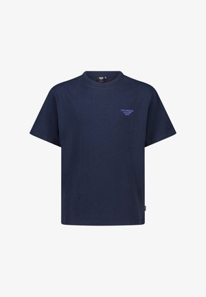 Camiseta de manga corta azul marino con cuello redondo y texto pequeño "Los Angeles Gallery Dept." en el pecho izquierdo.