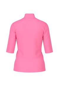 Pink short-sleeve top with high neck, displayed from the back on a white background, showing smooth fabric and seam details.