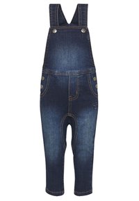 Doppiopetto in denim blu scuro con spalline regolabili, dettagli in bottone argentato, due tasche frontali e una leggera lavatura sbiadita con logo ricamato.