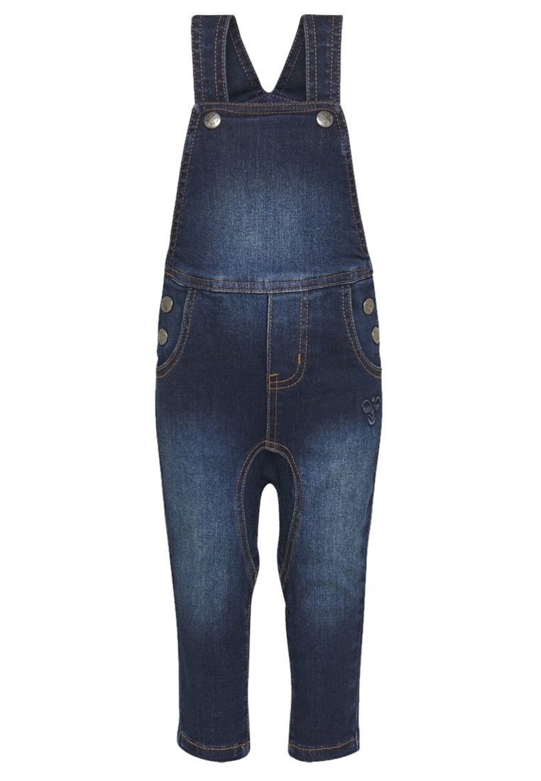 Doppiopetto in denim blu scuro con spalline regolabili, dettagli in bottone argentato, due tasche frontali e una leggera lavatura sbiadita con logo ricamato.