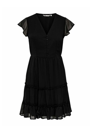 Robe noire avec un décolleté en V, des manches courtes évasées et un devant à boutons. Comprend un ourlet en volants superposés et un tissu léger et texturé.