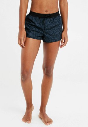 Zwarte en marineblauwe zebrastrepen zwemshorts met een elastische tailleband en trekkoord, met een comfortabele pasvorm en een soepele stoftextuur.