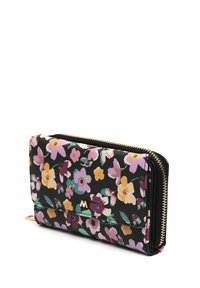 Juodos spalvos gėlių piniginė su užtrauktuku, auksinėmis detalėmis ir įvairiaspalvių gėlių deriniu: rožinė, geltona ir žalia. tekstūruotas paviršius.