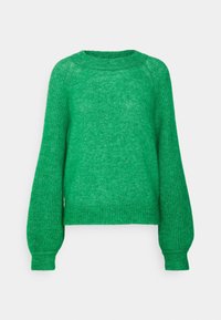 Grön tröja av mjukt, texturerat tyg. Har ribbade ballongärmar och rund halsringning. Klassisk, avslappnad passform.