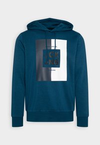 Sudadera color azulado con un gráfico frontal en texto blanco y negro; cuenta con una capucha con cordón y puños y dobladillo acanalados. Tela suave y texturizada.