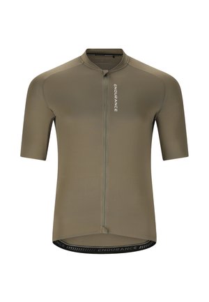 Olivgrünes Radsporttrikot mit kurzen Ärmeln, Frontreißverschluss und vertikal gedrucktem Schriftzug "ENDURANCE" auf der linken Brust.