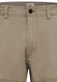 Beige shorts van lichtgewicht stof, met een knoopsluiting en gestikte details. De voorkant heeft zakken en een gladde textuur.