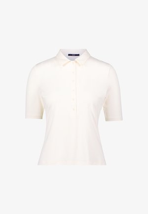 Lichtbeige polo shirt gemaakt van gladde stof, met een klassieke kraag, korte mouwen en een vijfknopssluiting. Geen zichtbare patronen.
