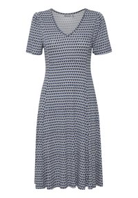 Blå och vit kortärmad klänning med V-ringning, med ett geometriskt mönster, utsvängd nederdel och mjukt, stretchigt tyg.