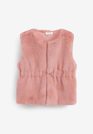 Gilet senza maniche in pelliccia sintetica rosa chiaro con scollo rotondo e vita elasticizzata, steso su fondo bianco.