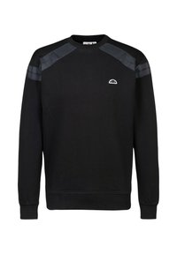 Felpa nera in misto cotone, con pannelli spalla grigi testurizzati, collo rotondo, polsini a costine e un piccolo logo sul petto.