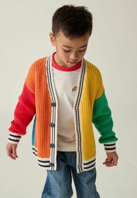 Mehrfarbige gestrickte Strickjacke mit roten, orangefarbenen, gelben, grünen und blauen Abschnitten, mit gerippter Textur und gestreiften Bündchen. Knöpfe in der Mitte.