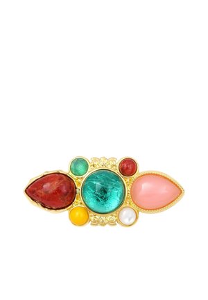 Barrette en or avec de grandes pierres rouges et roses en forme de goutte, une pierre ronde bleue centrale et quatre petites pierres rondes en vert, rouge, jaune et blanc.