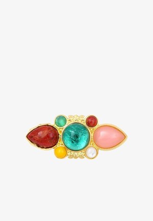 Barrette en or avec de grandes pierres rouges et roses en forme de goutte, une pierre ronde bleue centrale et quatre petites pierres rondes en vert, rouge, jaune et blanc.