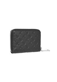 Black leather wallet featuring embossed butterfly pattern, zip closure, and silver hardware. Compact design with textured surface.
