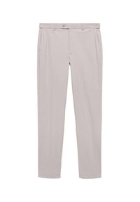 Pantalones beige claros de tejido suave, que cuentan con dos bolsillos laterales, un cierre frontal con botón y un diseño entallado.