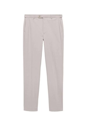 Pantalones beige claros de tejido suave, que cuentan con dos bolsillos laterales, un cierre frontal con botón y un diseño entallado.