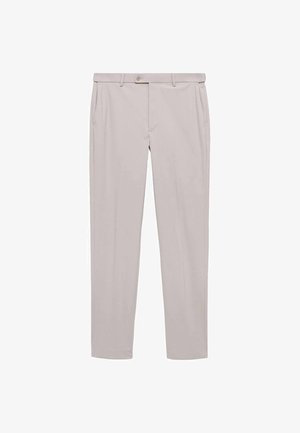 Jasnobeżowe spodnie wykonane z gładkiego materiału, z dwoma bocznymi kieszeniami, z przodu zapinane na guzik oraz o dopasowanym kroju.