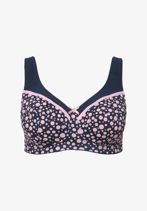 Navyfarbener BH mit rosafarbenen Polka-Dots, breiten Trägern, einer weichen Textur und einer dekorativen Schleife in der Mitte. Verfügt über kontrastierende Abschlüsse und ein unterstützendes Design.